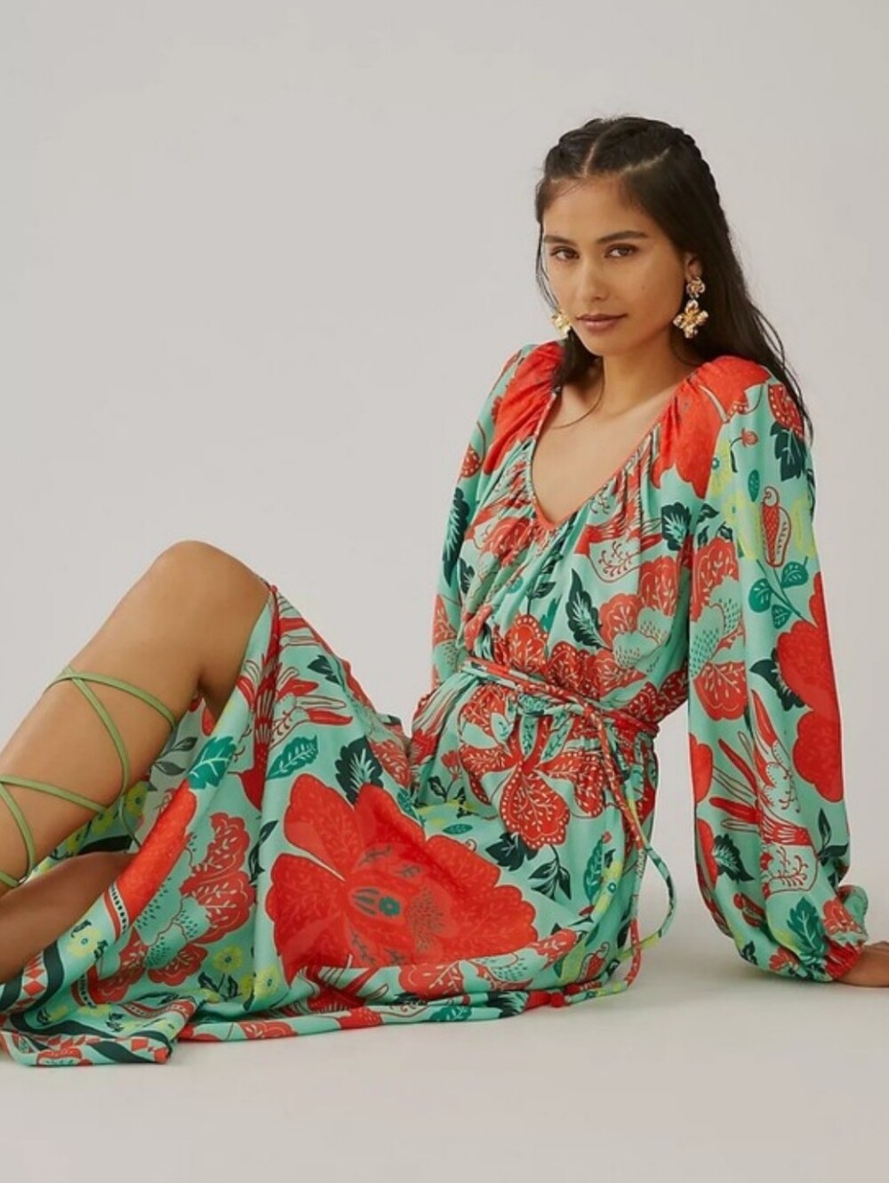 Farm Rio for Anthropologie poppy belted maxi dress size M